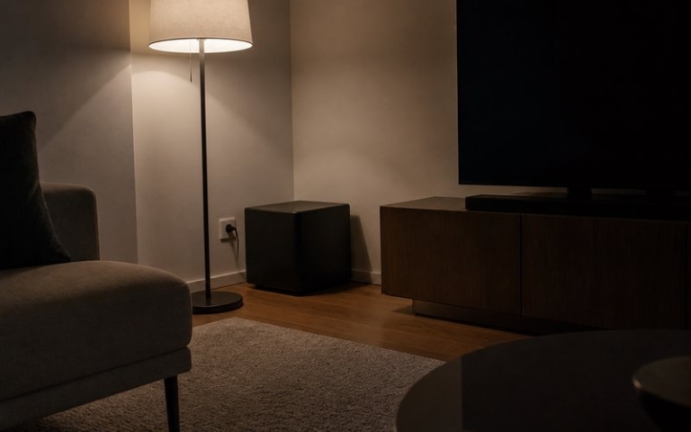 Subwoofer neben dem Fernsehmöbel