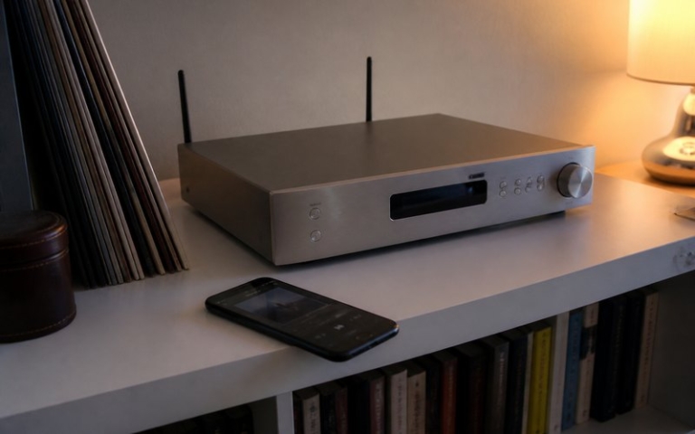 Netzwerk-Receiver mit Antennen im Regal